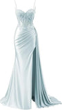 Mermaid Spaghetti Straps Sage Green Long Satin Prom Dresses Formal Evening Dress SD2416 HZ0628