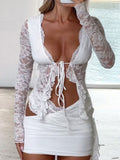 Tied Front Ruffled Long Sleeve Lace Shirt DJPT