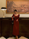A line Long Sleeves Red Satin Prom Dresses Birthday Outfits SD313