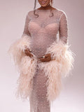 Mesh Solid Color Beading Pearl Rhinestone Long Sleeve Cover-ups Side Slit Photoshoot Maternity Maxi Dress Maternity