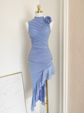 Sheath High Neckline Blue Ruffles Vacation Dresses Short Birthday Outfits SD346