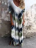Size Pocketed Tie-Dye Short Sleeve Dress DJPT