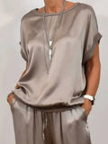Size Satin Round Neck Top and Pants Two-Piece Set Plus Size DJPT
