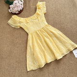 A line Scoop Short Sleeves Yellow Floral Holiday Dresses Beach Dress Birthday Outfits SD288
