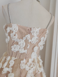 A line Spaghetti Straps White Satin Floral Dinner Party Dresses Birthday Outfits SD385