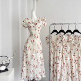 A line V Neckline Short Sleeves Pink Floral Dress Beach Holiday Dresses SD284