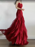 Sheath Spaghetti Straps Burgundy Chiffon Long Ruffles Party Dresses Birthday Dress SD580