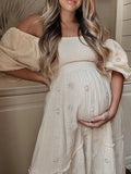 Apricot Daisy Print Smocked Off Shoulder Ruffle Big Swing Elegant Vacation Maternity Photoshoot Baby Shower Party Maxi Dress Maternity