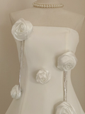 A line Strapless Satin White Flowers Vacation Dress Women Short Dresses SD126