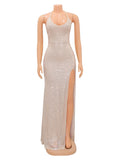 Rose Gold Glitter Sparkly Backless Slit Tie Back Photoshoot Party Maternity Maxi Dress Maternity