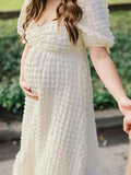 Bubble Texture Sweetheart Neckline Ruched Bodice A-line Puff Sleeve Elegant Going Out Maternity Photoshoot Maxi Dress Maternity