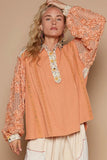Floral Half Button Lace Detail Long Sleeve Top DJPT