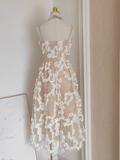 A line Spaghetti Straps White Satin Floral Dinner Party Dresses Birthday Outfits SD385