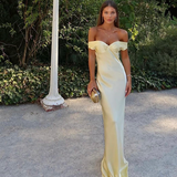 Mermaid Off The Shoulder Yellow Satin Long Evening Dress Prom Dresses SD2063 HZ0628