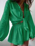 Size Button Up Balloon Sleeve Top and Shorts Set Plus Size DJPT