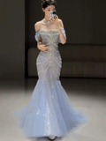 Mermaid Off The Shoulder Blue Tulle Silver Beads Long Prom Dresses Formal Evening Dress SD1399 HZ0628