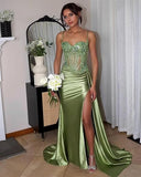 Mermaid Spaghetti Straps Sage Green Long Satin Prom Dresses Formal Evening Dress SD2416 HZ0628