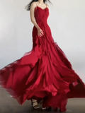 Sheath Spaghetti Straps Burgundy Chiffon Long Ruffles Party Dresses Birthday Dress SD580
