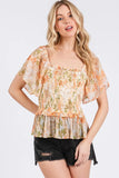 Floral Chiffon Smocked Square Neck Peplum Top DJPT