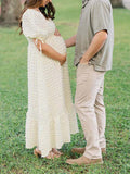 Bubble Texture Sweetheart Neckline Ruched Bodice A-line Puff Sleeve Elegant Going Out Maternity Photoshoot Maxi Dress Maternity