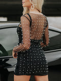 Solid Color Pear Rhinestone Sheer Long Sleeve Fashion Photoshoot Maternity Baby Shower Mini Dress Maternity