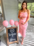 Pink Floral Tulle Ruched Bodycon Cute Gender Reveal Baby Shower Maternity Midi Dress Maternity