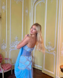 A Line Off The Shoulder Maxi Long Party Light Blue Chiffon Prom Dresses Evening Dress SD2395 HZ0628