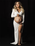 White 2 Pieces Ruched Drawstring Knot Side Slit Backless V-neck Baby Shower Photoshoot Maternity Maxi Dress Maternity