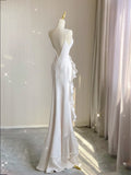 Mermaid Scoop Satin Night Party Dress White Long Prom Dresses SD1524 HZ0628