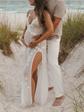 Cut Out Lace Patchwork V-Neck Sheer Side Slit Sleeveless Photoshoot Maternity Maxi Dress Maternity