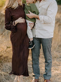 Brown Pleated Ruffle Belted Elegant Photoshoot Baby Shower Maternity Maxi Dress Maternity