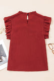 Solid Color Pleated Detail Ruffle Short Sleeve Blouse DJPT