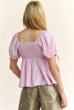 & Dani Solid Elastic Peplum Puffed Sleeves Blouse DJPT