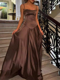 A line Spaghetti Straps Pink Satin Long Party Dresses Prom Dresses SD2705 HZ0628