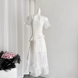 High Low Square Neckline White Lace Ruffles Dress Beach Holiday Dresses SD286