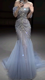 Mermaid Off The Shoulder Blue Tulle Silver Beads Long Prom Dresses Formal Evening Dress SD1399 HZ0628