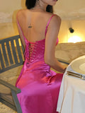 A line Spaghetti Straps Pink Satin Long Party Dresses Prom Dresses SD2705 HZ0628