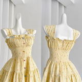 A line Strapless Sleeveless Yellow Floral Holiday Dresses Beach Dress Birthday Outfits SD289