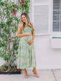 Green Floral Side Slit Ruffle Bow Flowy Back Zipper Photoshoot Baby Shower Maternity Maxi Dress Maternity