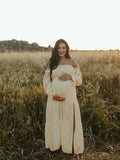 Flowy Off Shoulder Ruffle Falbala Side Slit Big Swing Lantern Sleeve Elegant Holiday Vacation Boho Maternity Photoshoot Baby Shower Maxi Dress Maternity