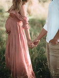 Pink Boho Flowy Bump Friendly Off Shoulder Photoshoots Maxi Dress Maternity