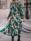 Printed Smocked V-Neck Three-Quarter Sleeve Midi Dress DJPT