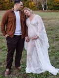 Floral Lace Backless Boho Baby Shower Flare Sleeve Pregnant Maternity Photoshoot Maxi Dress Maternity