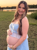 Blue Falbala Two Piece Set Cami Ruffle Crop Top And Big Swing Maxi Skirt Elegant Baby Moon Beach Maternity Photoshoot Baby Shower Maxi Dress Maternity