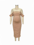 Khaki Ruched Off Shoulder Belly Friendly Baby Shower Club Party Tube Bodycon Maternity Midi Dress Maternity