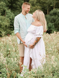 Solid Color Off Shoulder Backless Ruffle Crop Side Slit 2-in-1 Photoshoot Maternity Maxi Dress Maternity