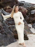 White Knit Pleated Tie Back Ruffle Falbala Frill Hem Backless Big Swing Elegant Cocktail Party Gown Maternity Photoshoot Baby Shower Maxi Dress Maternity