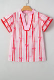 Trim Ruffled Sleeve Striped Printed Blouse DJPT