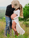 White 2 Pieces Ruched Drawstring Knot Side Slit Backless V-neck Baby Shower Photoshoot Maternity Maxi Dress Maternity