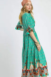 Printed Smocked Waist Flounce Sleeve Midi Dress DJPT